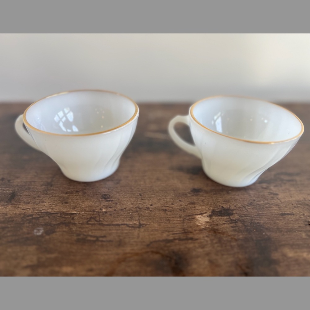 Vintage Fire King Anchor Hocking Swirl Milk Glass Tea Cups Gold Trim Set of 2